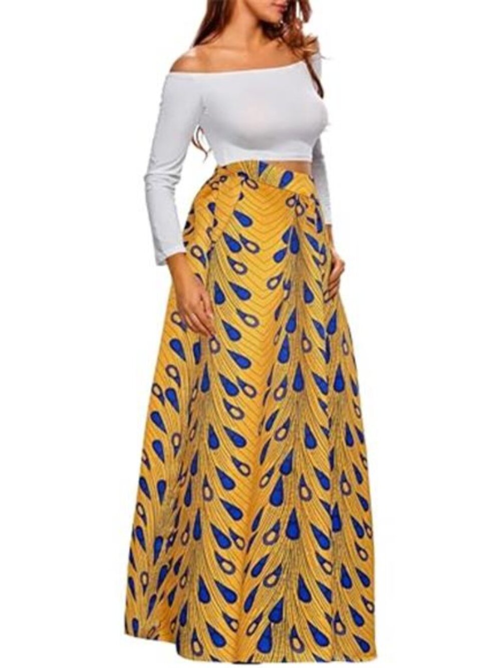 Women’s Yellow Abstract Print Maxi Skirt A-Line Flared Long Skirt with Pockets - Picture 3 of 8